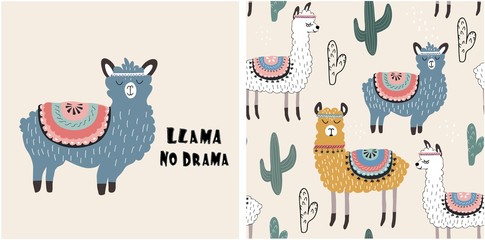 set of cute llama print and seamless pattern with llamas. vector