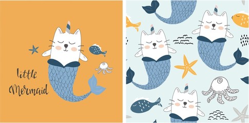 set of cute cat mermaid print and seamless pattern with cat mermaids. vector