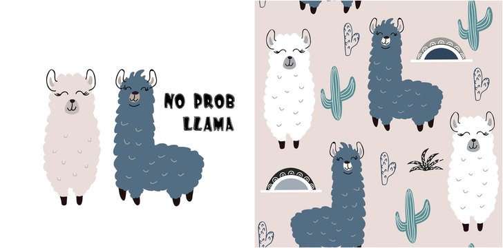 Set Of Cute Llama Print And Seamless Pattern With Llamas. Vector