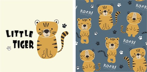 set of tiger print and seamless pattern with cute tigers.vector illustreation