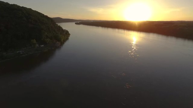 Aerial view of the Susquehanna river with a beautiful sunset.