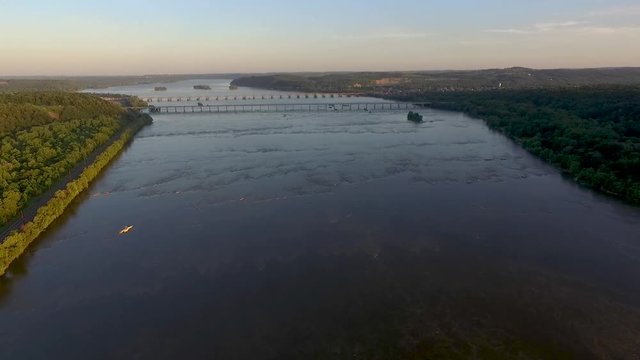 Aerial view of the Susquehanna river with a big long bridge in Columbia