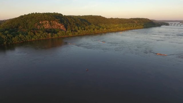 Aerial shot during the sunset of the Susquehanna river and the Chickies Rock Overlook.