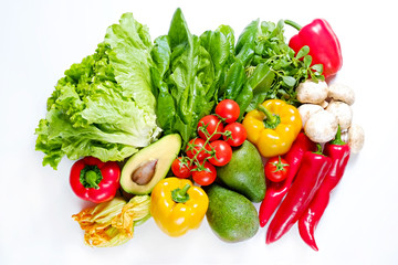 Clean healthy eating habits concept. Fruits, herbs, greens & vegetables mix, colorful juicy organic detox smoothie juice ingredients, white background. Vegan vegetarian diet food. Flat lay, copy space