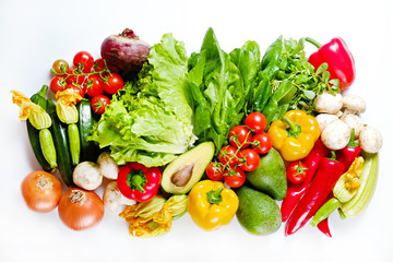 Clean healthy eating habits concept. Fruits, herbs, greens & vegetables mix, colorful juicy organic detox smoothie juice ingredients, white background. Vegan vegetarian diet food. Flat lay, copy space