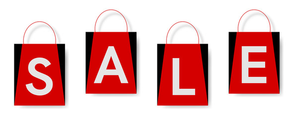 Sale text on shopping bags, with white background.