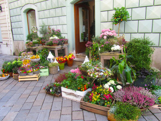 Flower shop. At the entrance are boxes and pots with beautiful flowers