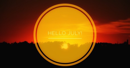 Banner hello july. New month. Welcome card Evening summer sunset. Summer landscape. Text on the photo.