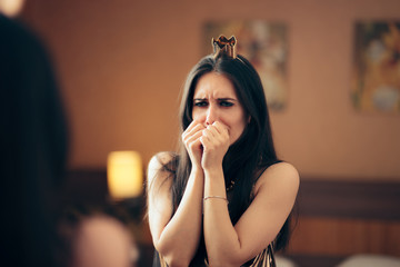 Sad Depressed Woman Crying in The Mirror