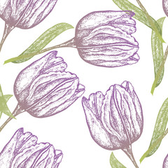 Naklejka premium Seamless pattern with colored flowers tulips. Vector illustration.