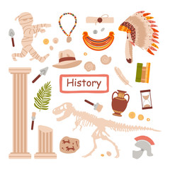 A set of subjects for a history lesson isolated on a white background. The study of history. Antiquity. Vector illustration