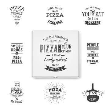 Vector 3d Realistic Blank White Pizza Box Template with Typographic Quotes Closeup Isolated on White Background. Mockup for Logo, Corporate Design. Top View