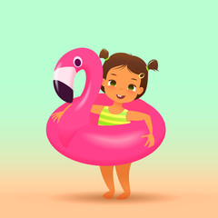 Obraz na płótnie Canvas Girl withinflatable flamingo swim ring, cartoon summer vector illustration.
