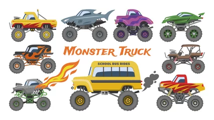 Zelfklevend Fotobehang Autorace Monster truck vector cartoon voertuig of auto en extreme show vervoer illustratie set van zware monstertruck met grote wielen geïsoleerd op een witte achtergrond