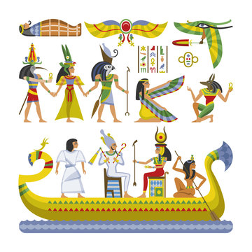 Egyptian Vector Pharaoh Character Ancient Man Woman God Ra Anubis Statue On Boat Of Egypt Culture Historical Illustration Set Of Historic African Archeology Collection Isolated On White Background