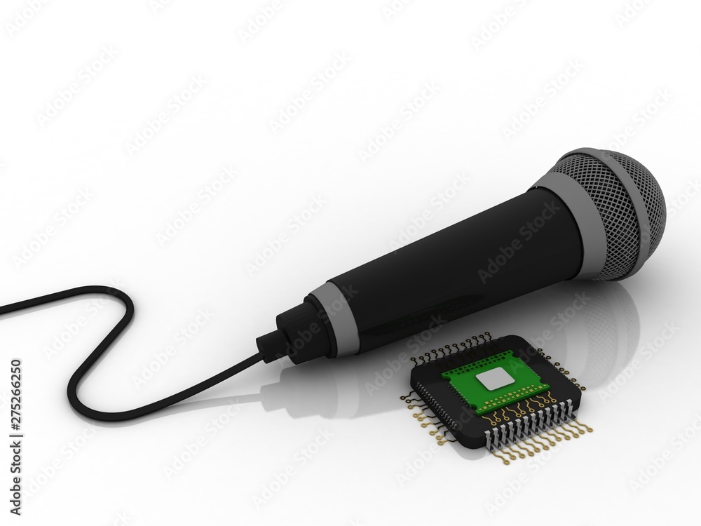 Poster 3d rendering microchips with microphone
