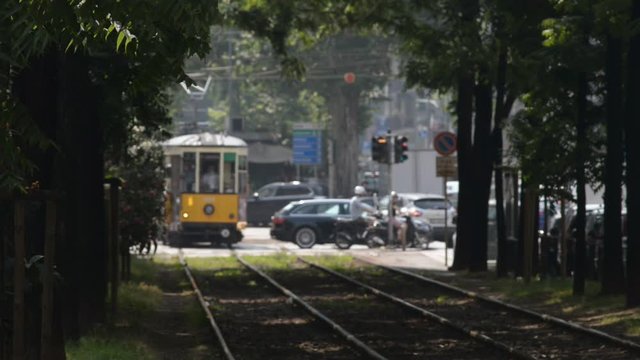 typical Milan tram Arrive through a tree-lined street in the center of Milan