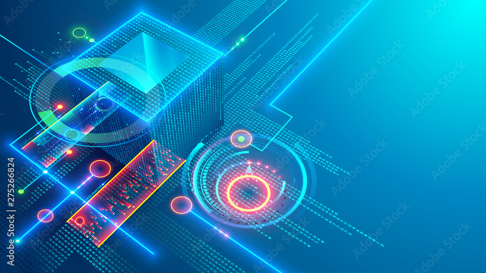 Aufkleber Digital background. Cube or box consists matrix of digits. Block chain of abstract finance data, business graphic. Blockchain fintech technology and mining cryptocurrency conceptual internet banner.