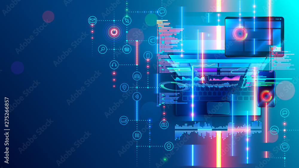 Fototapete Development, programming mobile application software. Create and optimization Layout interface website or app on laptop, tablet, phone. ui ux design. coding concept abstract banner, background.