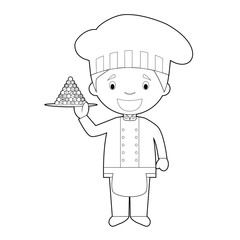 Easy coloring Pastry Chef cartoon character with typical chocolates from Belgium. Vector Illustration.