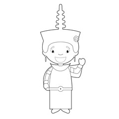 Easy coloring cartoon character from Cambodia dressed in the traditional way Vector Illustration.