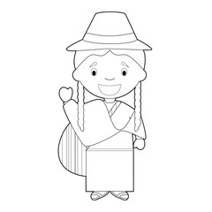 Easy coloring cartoon character from Ecuador dressed in the traditional way Vector Illustration.