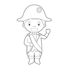Easy coloring Napoleon Bonaparte cartoon character dressed in the traditional way. Vector Illustration.