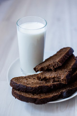 a glass of milk and a few chunks of rye bread on a saucer