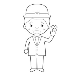 Easy coloring cartoon character from Ireland dressed in the traditional way with a clover. Vector Illustration.