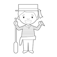 Easy coloring cartoon character from Italy dressed in the traditional way as a Venice gondolier eating pizza. Vector Illustration.