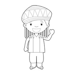 Easy coloring cartoon character from Jamaica dressed in the traditional way with dreadlocks. Vector Illustration.