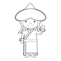 Easy coloring cartoon character from Mongolia dressed in the traditional way Vector Illustration.