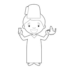 Easy coloring cartoon character from Morocco dressed in the traditional way with a tea set. Vector Illustration.
