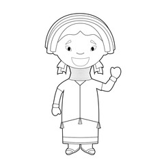 Easy coloring Padaung girl cartoon character from Myanmar (Kayan Tribe) dressed in the traditional way Vector Illustration.