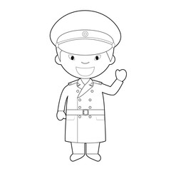 Easy coloring cartoon character from North Korea dressed in the traditional way as a military. Vector Illustration.