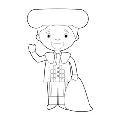 Easy coloring cartoon character from Spain dressed in the traditional way as a bullfighter. Vector Illustration.