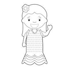 Easy coloring cartoon character from Spain dressed in the traditional way as a Flamenco dancer. Vector Illustration.