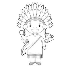 Easy coloring cartoon character from USA dressed in the traditional way of the American Red Indians. Vector Illustration.