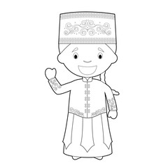 Easy coloring cartoon character from Uzbekistan dressed in the traditional way Vector Illustration.