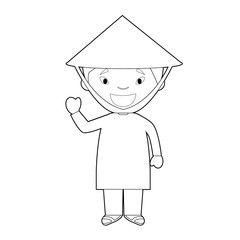 Easy coloring cartoon character from Vietnam dressed in the traditional way Vector Illustration.