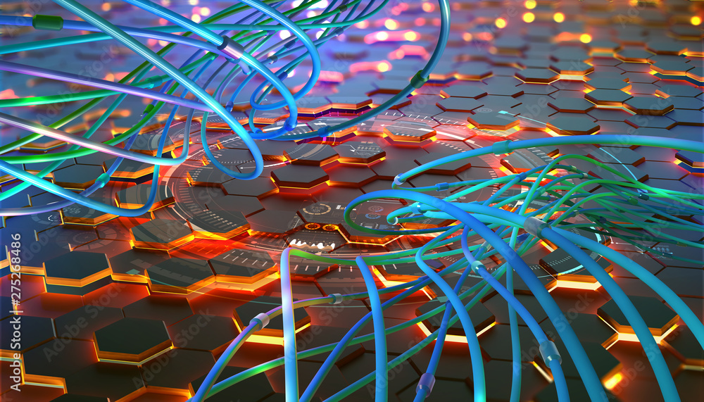 Poster futuristic processor concept. global database in digital cyberspace. 3d illustration on the topic of