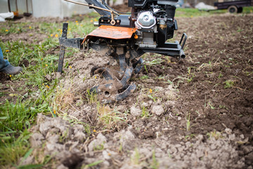 Fototapeta na wymiar Agricultural machinery: cultivator for tillage in the garden. Preparing the land for planting vegetables with the help of a cultivator.