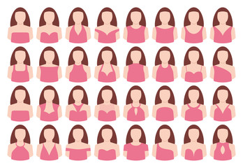 Vector set different types of female head with pink neckline dress. Isolated on white background.
