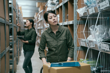 female worker in warehouse pushing cart with cardboard boxes. young woman staff putting clipboard on parcels and finding empty shelf to place goods. bokeh view of girl coworker doing stocktaking.