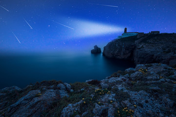 Perseid Meteor Shower at Lighthouse de Sao Vicente, Algarve, Portugal.