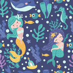Seamless pattern with cute mermaids, seaweed and fishes