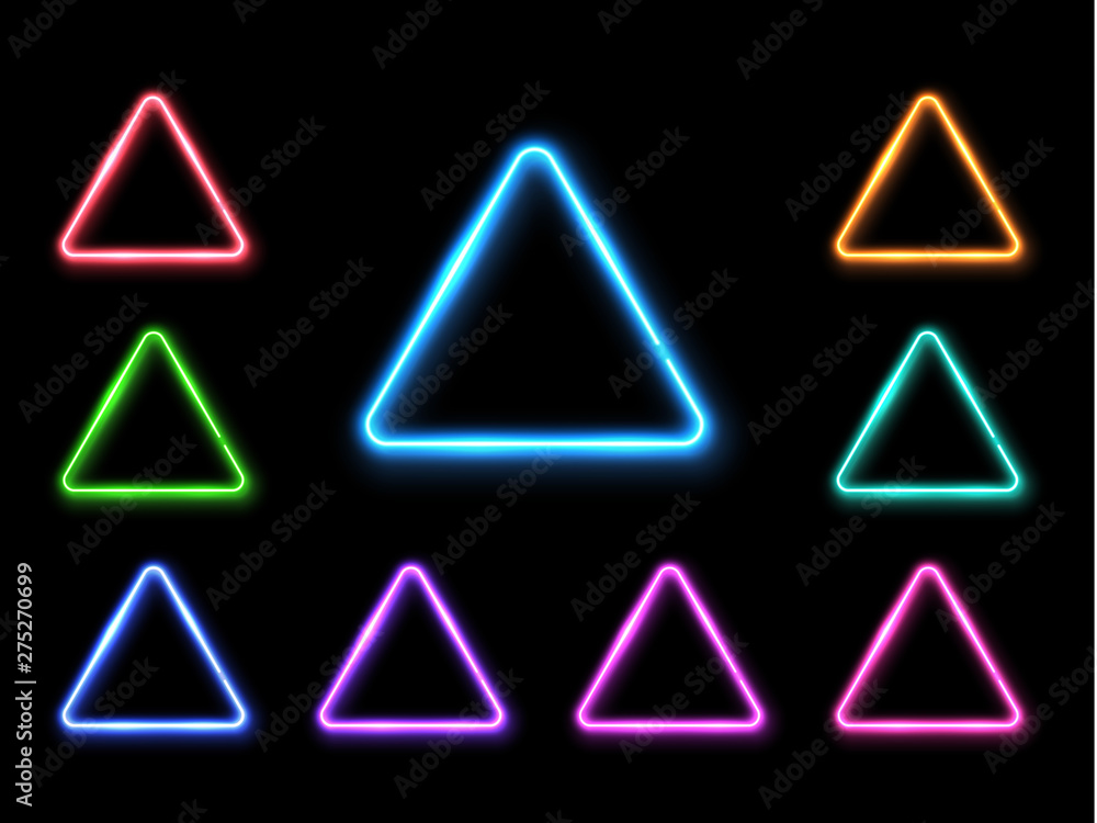 Poster vector abstract neon triangle set. light effect background. glowing decorative led lamp luminous geo