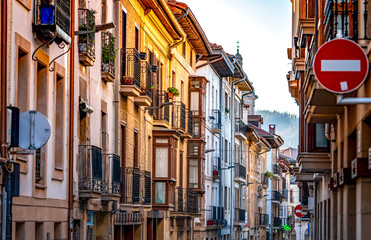 Building in Spain. Architecture in city. Urban building in residential area in Spain. Street view in Europe. Travel in Spain concept. Town in Europe.