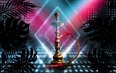 Smoking hookah on a dark abstract background, neon light. Silhouettes of tropical palm leaves in...