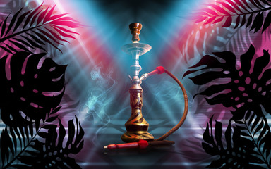 Smoking hookah on a dark abstract background, neon light. Silhouettes of tropical palm leaves in...